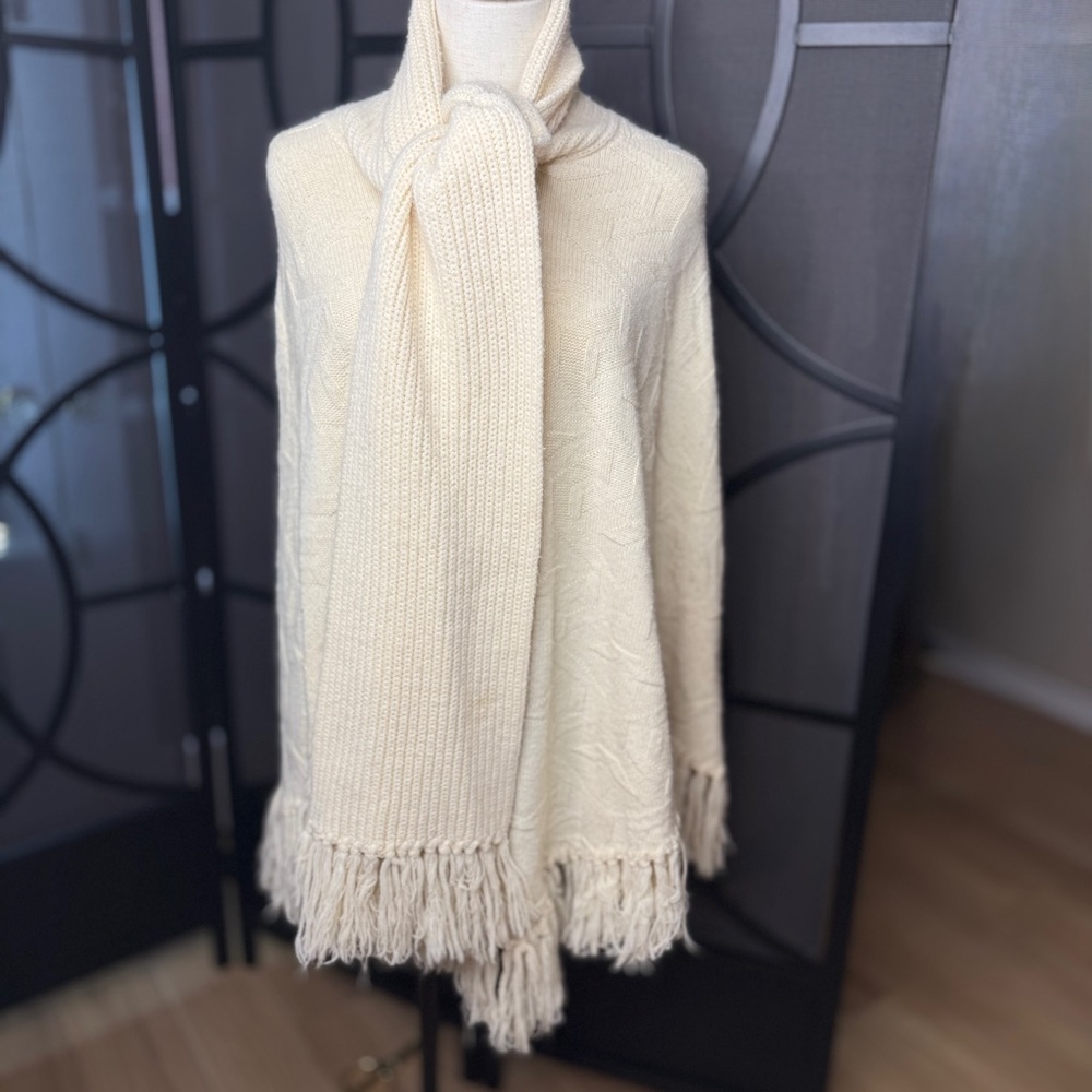 Vintage 1960s 1970s Wintuk Knit Sweater Poncho Cape w Scarf Collar Cream OSFM? - Picture 6 of 17